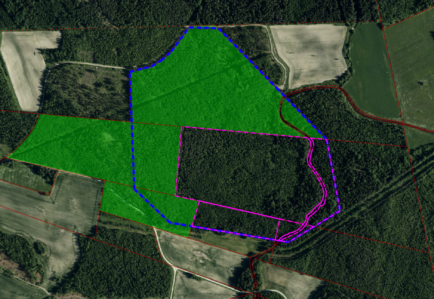 Hyväristönmäen kartta, lunastettava alue rajattu violetilla katkoviivalla