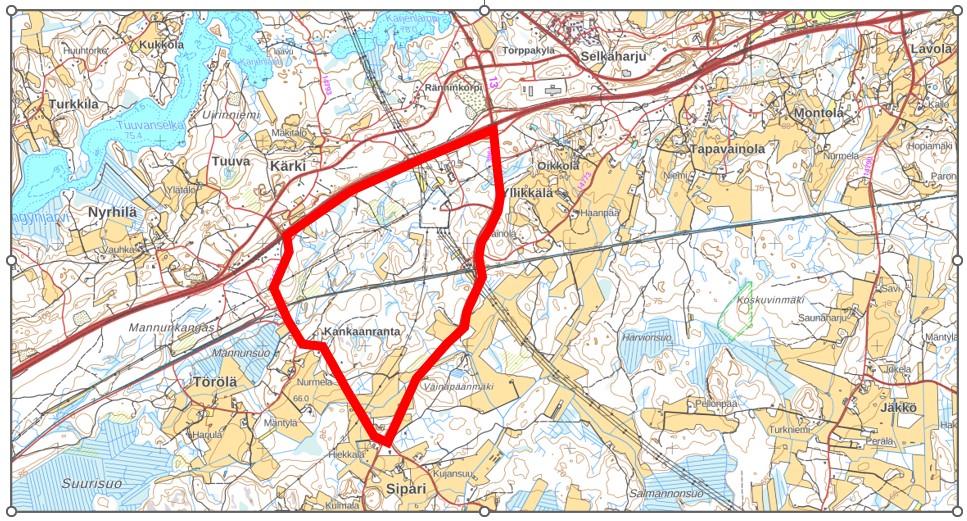 Suunnittelualueen alustava aluerajaus.