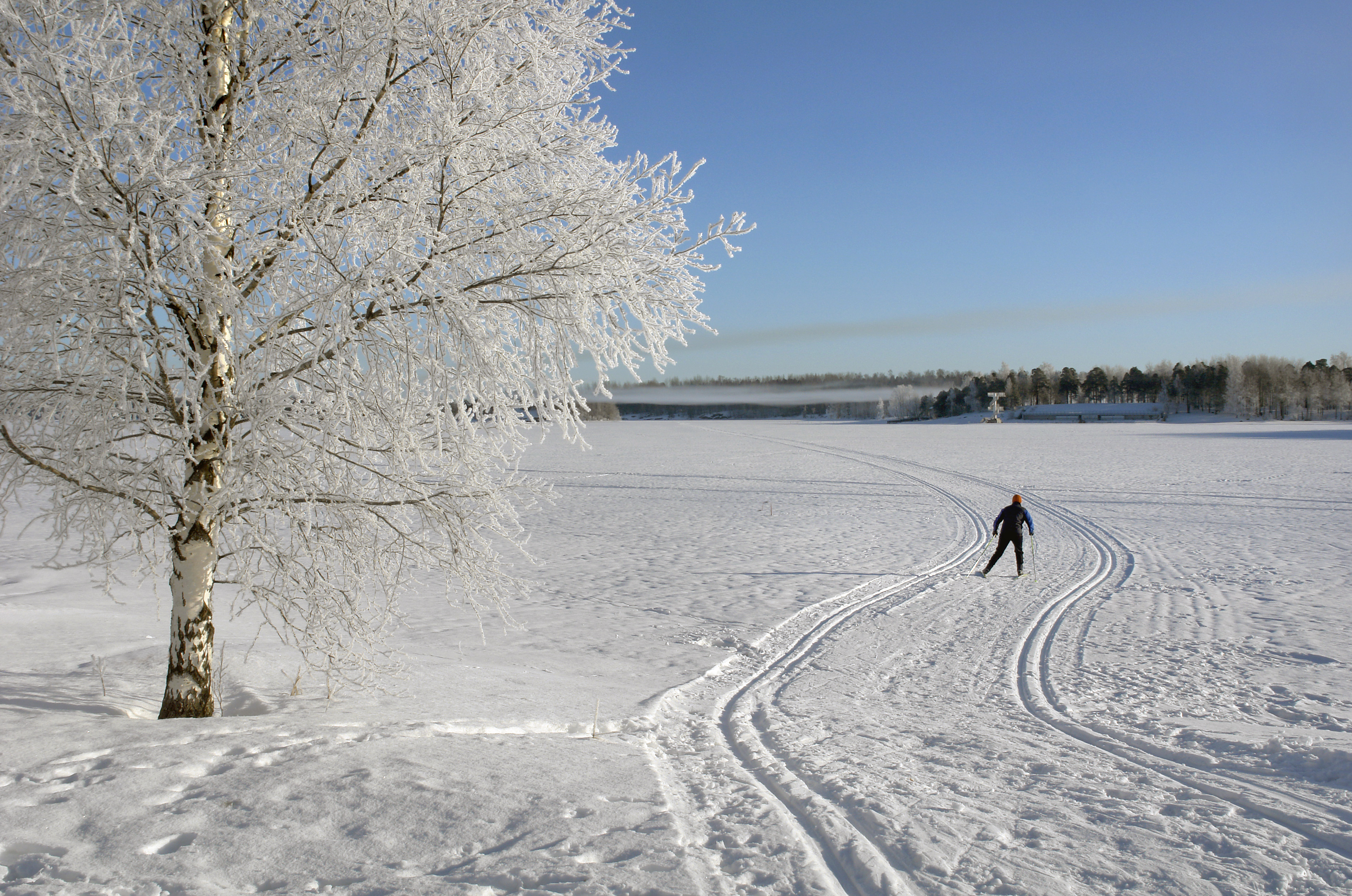 Hiihtäjä järven jäällä.