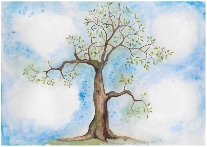 Piirros, jossa on puu, jonka oksissa vihreitä lehtiä. Taustalla sinistä taivasta.