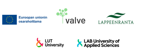 Logot, joissa lukee: Euroopan unionin osarahoittama, LAB University of Applied Sciences, Lappeenranta, LUT University ja Valve.