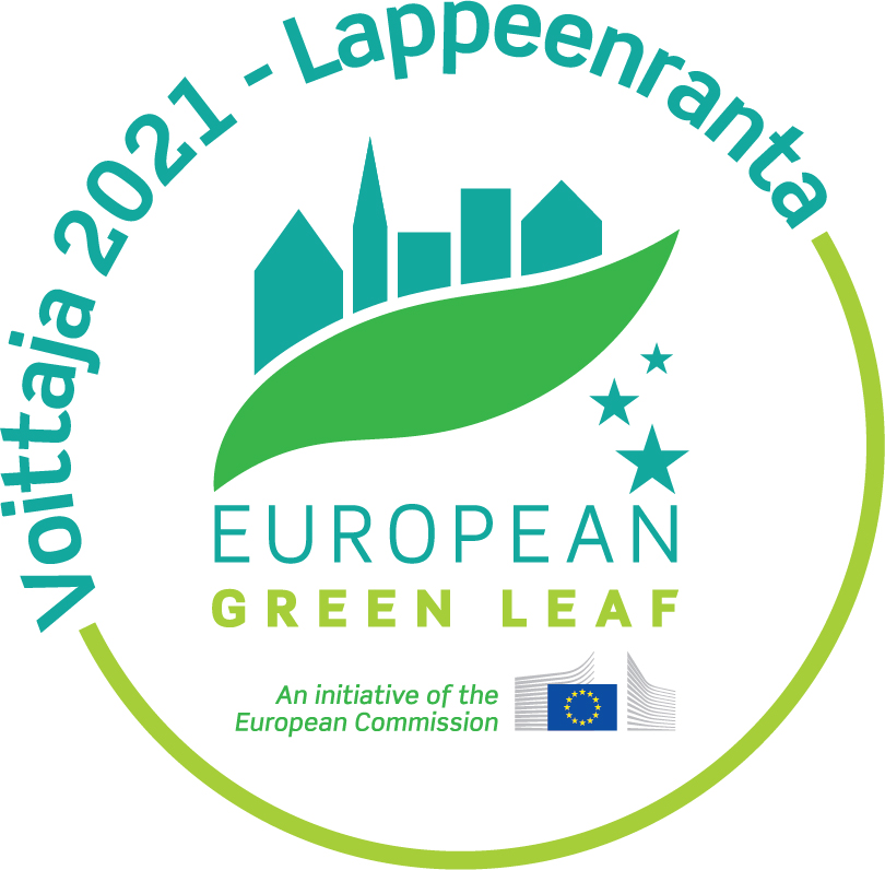 Kuvassa teksti, jossa lukee: Voittaja 2021 Lappeenranta. Alla grafiikka rakennuksista sekä teksti: European Green Leaf, An Initiative of the European Commission.