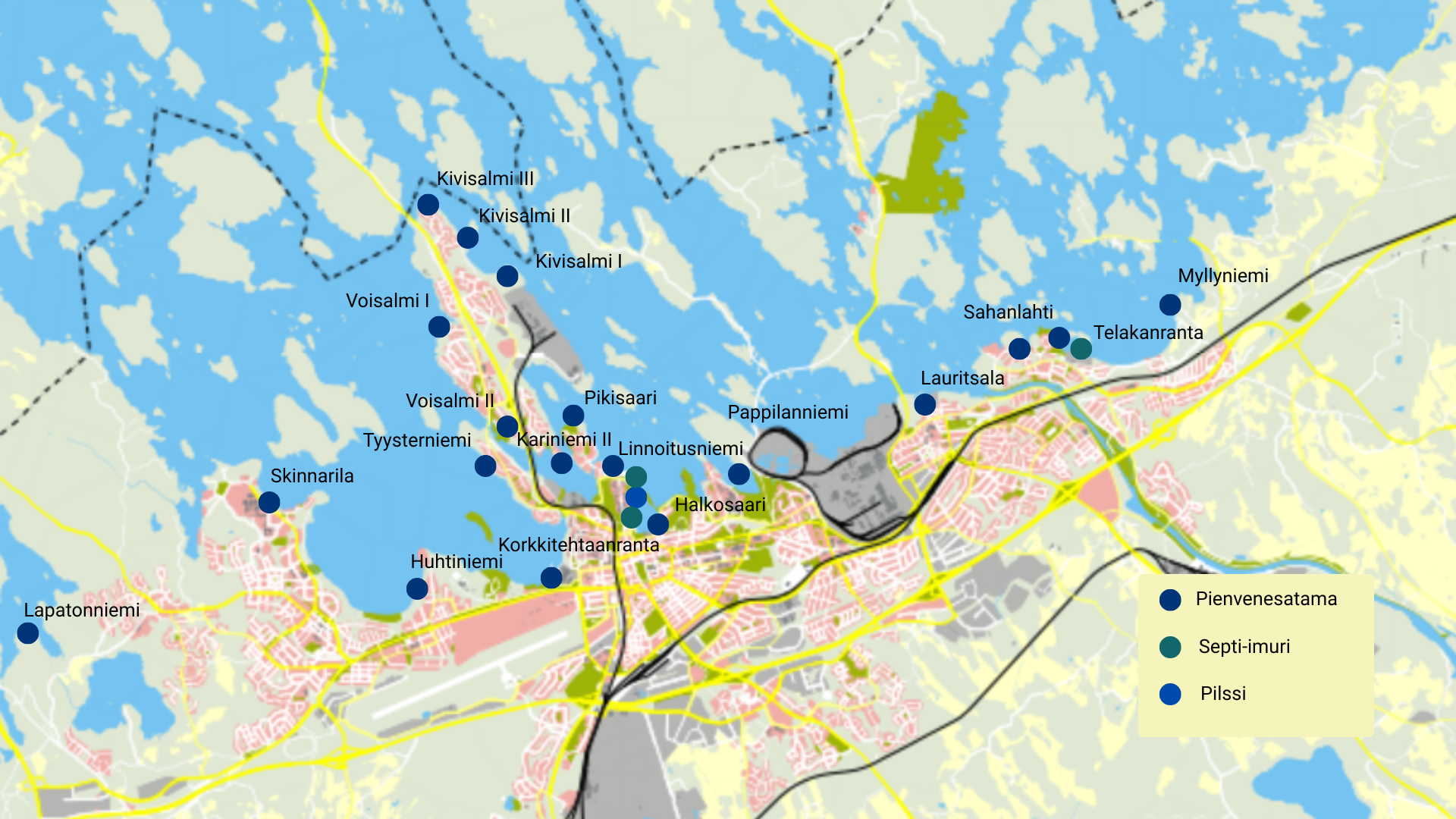 Venesatamat merkittynä kartalle.