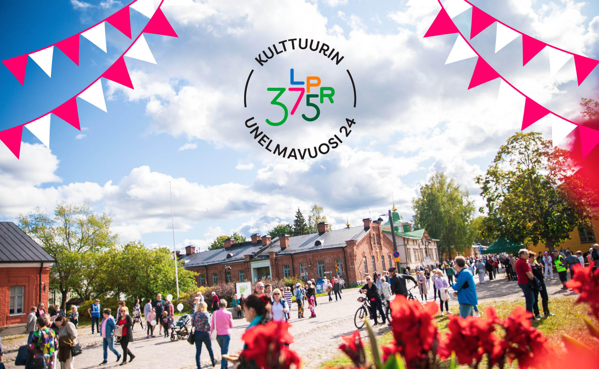 Ihmisiä linnoituksessa. Logo, jossa lukee "Kulttuurin unelmavuosi" ja "LPR 375".