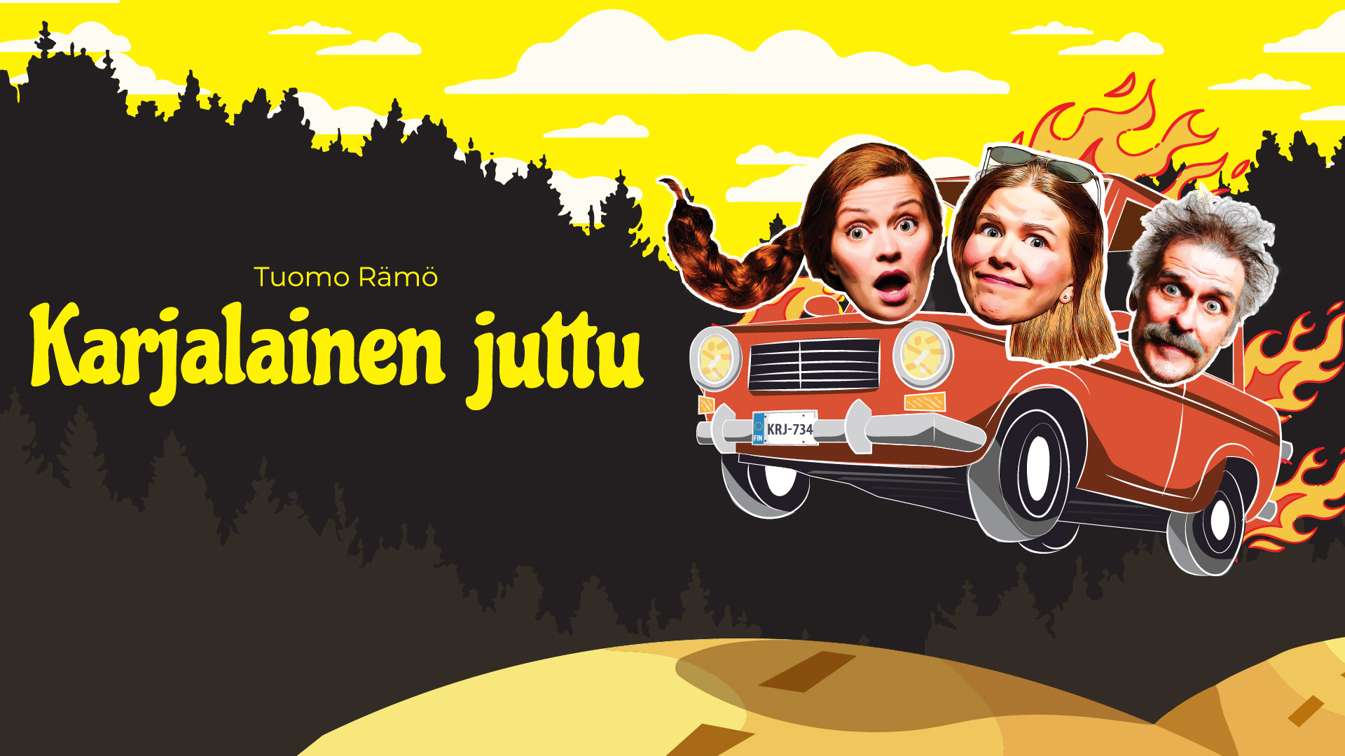 Palava punainen auto ajaa maantietä. Auton kyydissä ovat epäuskoisen näköinen nuori nainen, kauhistunut nuori nainen sekä hämmästynyt vanha mies. Keskellä ylhäällä teksti: Karjalainen juttu. Piirroskuva.