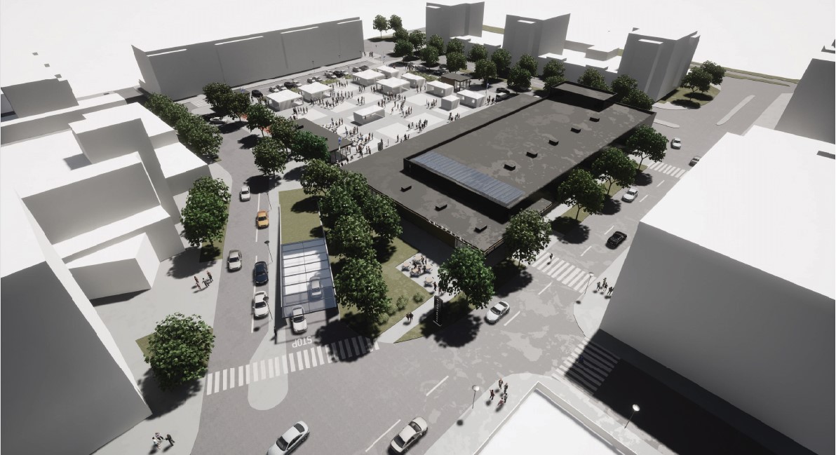 Havainnekuva Kauppatorille suunnitelluista uusista rakennuksista.