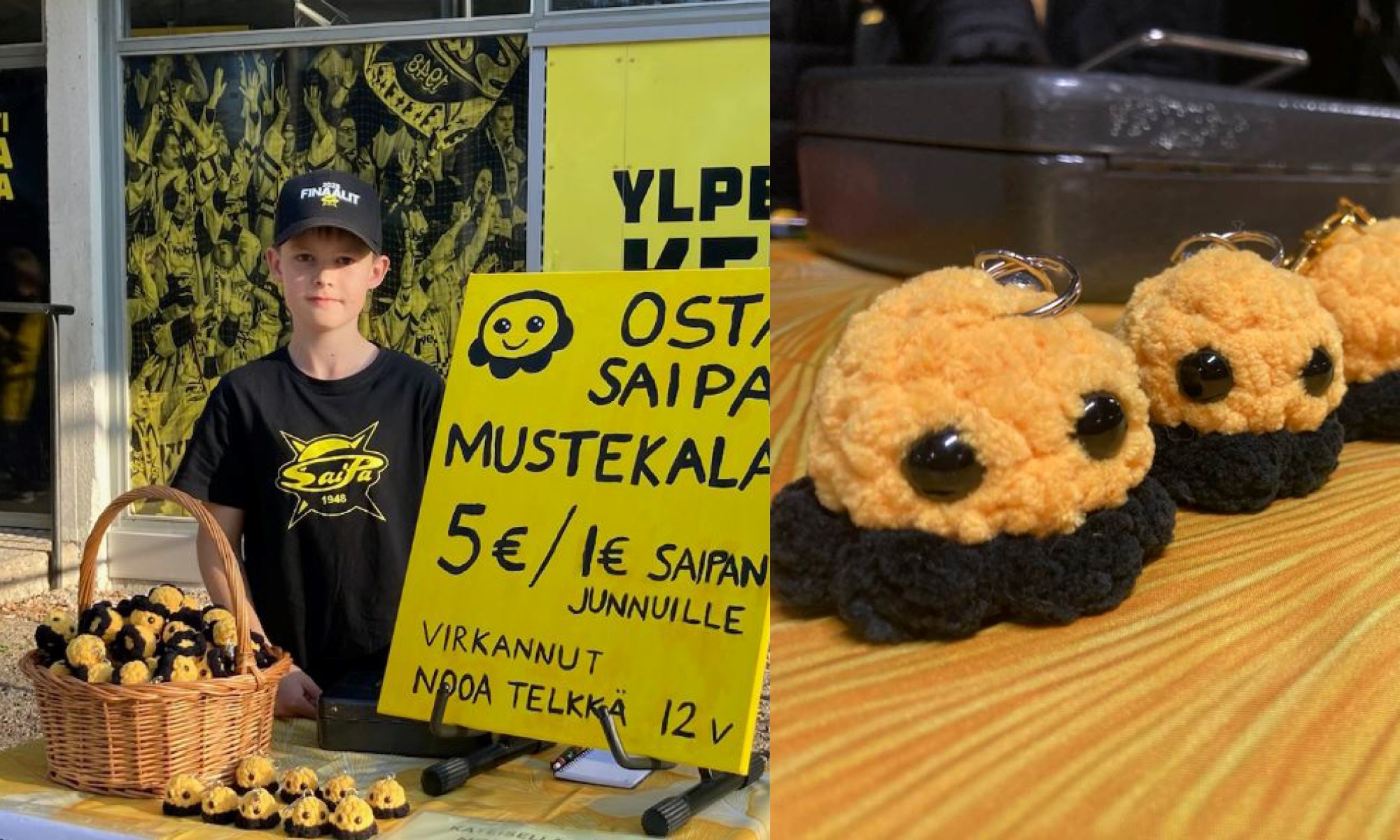 Nooa seisoo SaiPa-paita päällä ja SaiPa mainokset ympärillään myyntipöydän takana. Pöydällä SaiPa-mustekalamaskotteja ja kyltti, jossa lukee ”osta SaiPa-mustekala 5€/1€ SaiPan junnuille, virkannut Nooa Telkkä 12-v”. Oikealla Nooan virkkaamia keltamustia mustekalamaskotteja rivissä pöydällä.
