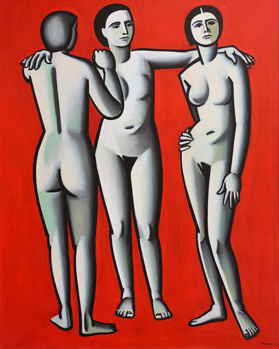 Maalauksessa kolme alastonta naista punaista taustaa vasten.