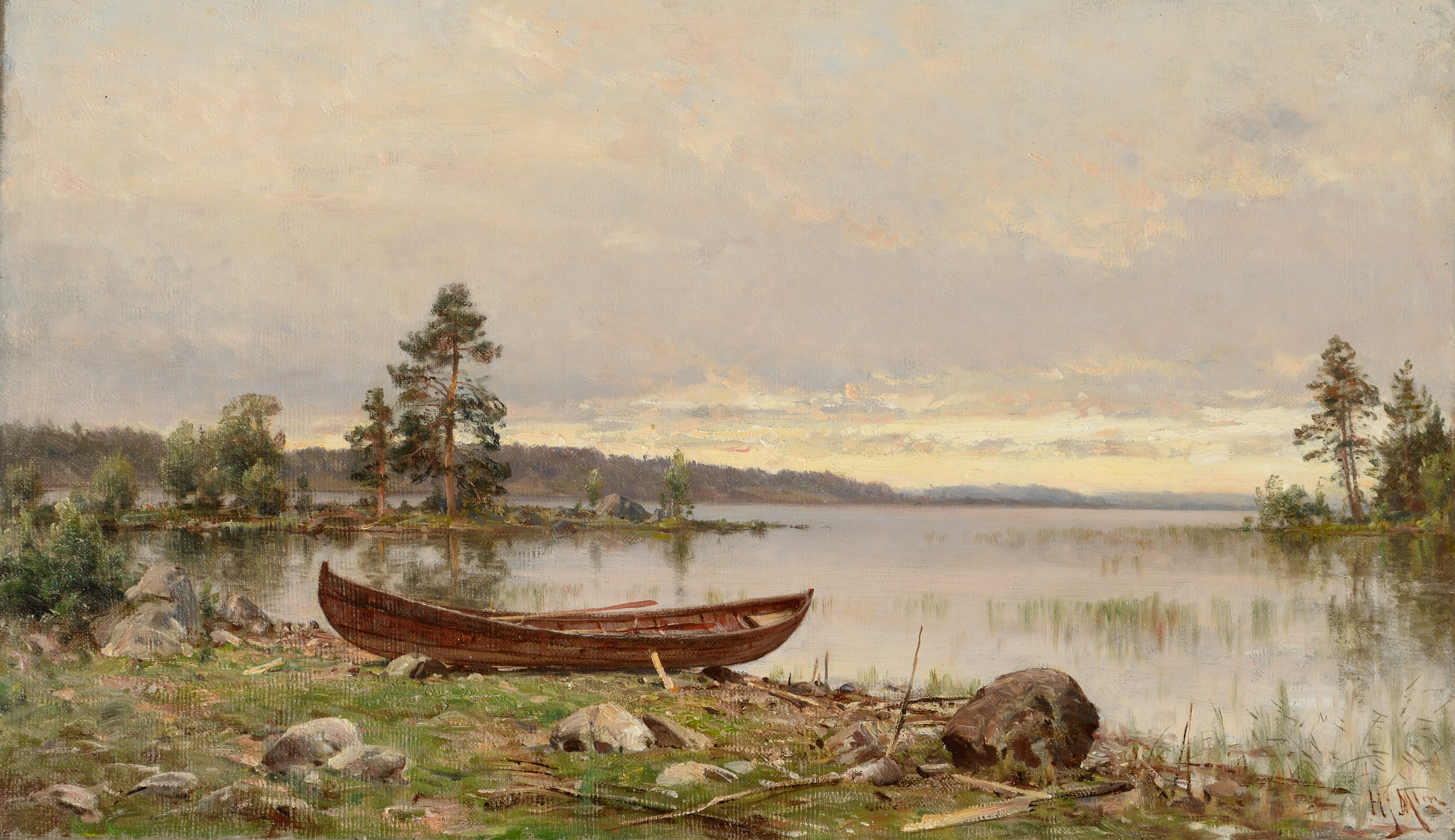 Järvimaisema, jossa etualalla soutuvene.