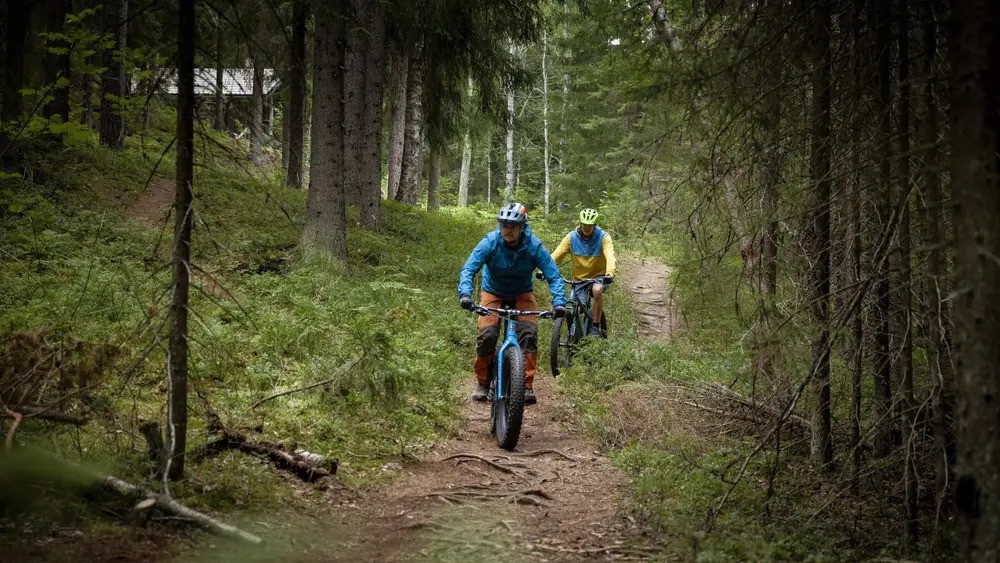 Kaksi ihmistä maastopyöräilemässä metsässä.