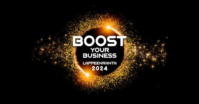 Musta tausta, jossa on kultainen rinkula, jonka keskellä lukee: Boost your business Lappeenranta 2024".